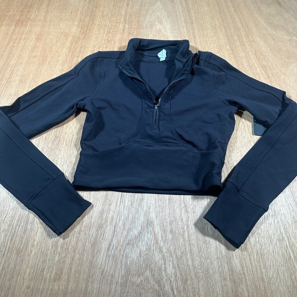 90 Degree By Reflex Crop Pullover Womens Small Black Ribbed Quarter Zip NWT